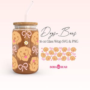 Hund Cup Wrap svg, süße Libby Cup svg, Glasbecher svg, rosa Bögen svg Wrap, Boba und Bär, Libbey Glas SVG niedlich
