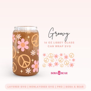 Retro Daisy Libbey Glass Can Wrap SVG: Groovy 16oz Glass Cup (Digital Download)