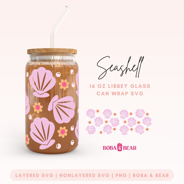 Seashell Wrap Svg, 16oz Libbey Glass Svg, Ocean Glass Can Svg, Mermaid Glass Cup Svg, Libbey Can Cut File, 16oz Can Glass Wrap, Shell Svg