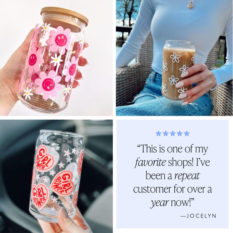 May include: Clear glass can-shaped drinking glasses with decorative designs. One glass features pink smiling flower and star stickers, another has white flower stickers, and a third has "GIRL POWER" heart stickers.