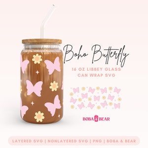 Boho Schmetterling Libbey Glas svg, 16 Unzen Glasdosenverpackung, Glasdosen svg, Glasschalen-Svg, Libbey Glas 16 Unzen Schnittdatei, Bierdosenglas-Svg