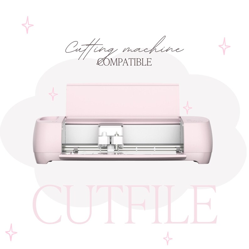 May include: A light pink electronic cutting machine with an open lid and a central carriage mechanism. The text "Cutting machine COMPATIBLE" appears above the device, and the word "CUTFILE" is printed in large, light pink letters below it.