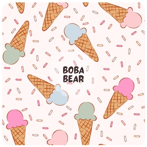 May include: A repeating pattern of ice cream cones with pink, blue, and green scoops on a light pink background. The cones are brown, and the design includes pink and white sprinkles. The text "BOBA BEAR" is in the center.
