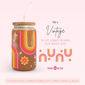 Rainbow Libbey Svg, 70s Vintage Libbey Glass Svg, 16oz Glass Can Wrap, Retro Glass Can Svg, Copo de vidro Svg, Groovy Can Glass Svg