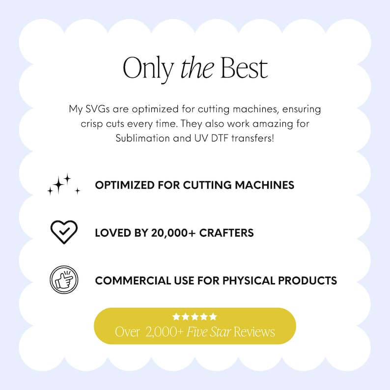May include: A light blue graphic with the text "Only the Best." The image highlights features of SVGs, including optimization for cutting machines, use by over 20,000 crafters, and commercial use for physical products. It also notes over 2,000 five-star reviews.