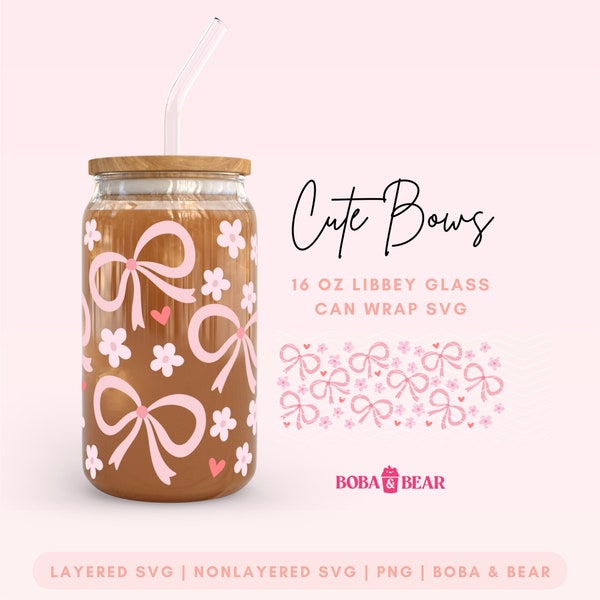 Bows Can Cup Wrap, Girly Libbey Glass Can Wrap, Bows Glass Can Cutfile, 2024 Trendy Cute Cup Wrap Design