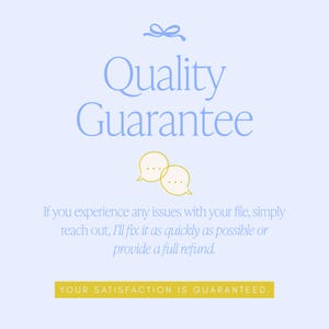 May include: Light blue background with the words "Quality Guarantee" in a soft blue font. Below, two speech bubbles are depicted. The text promises quick issue resolution or a full refund. The phrase "YOUR SATISFACTION IS GUARANTEED" is in a yellow box.