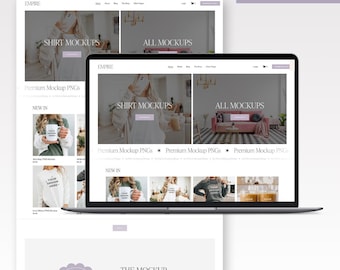 May include: A website mockup for a business selling digital mockups. The website features a variety of mockups, including t-shirts, mugs, and other items. The website also includes a call to action to join a membership program.