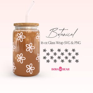 Floral botânico Svg, Daisy Libbey Svg, Boba e Bear, Arquivo de corte de lata de vidro, Desenhos Libbey Svg