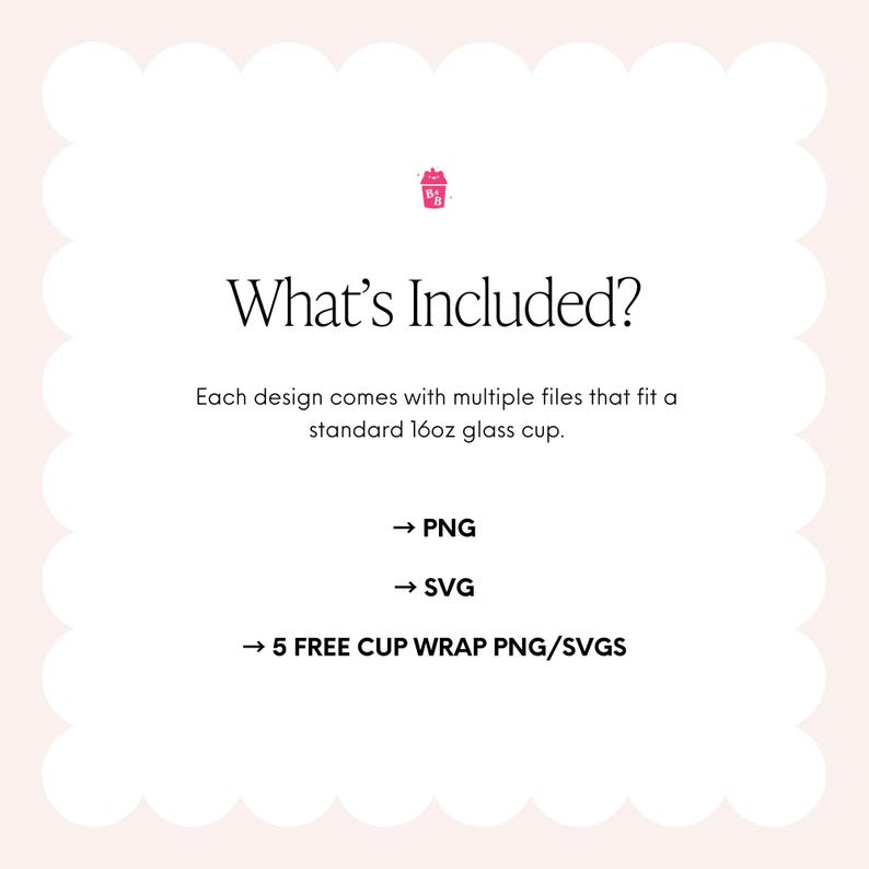 May include: A white background with a scalloped border features the text "What's Included?" in a stylish font. Below, it lists PNG, SVG, and 5 free cup wrap PNG/SVGs, all designed to fit a standard 16oz glass cup.