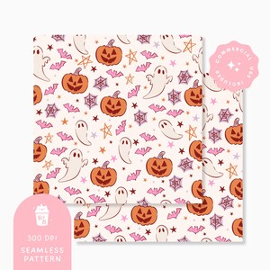 May include: A seamless Halloween pattern featuring orange jack-o'-lanterns, pink bats, white ghosts, spiderwebs, and stars on a cream background. The design includes the text "300 DPI SEAMLESS PATTERN" and "COMMERCIAL USE INCLUDED".
