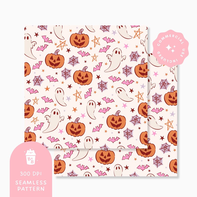 May include: A seamless Halloween pattern featuring orange jack-o'-lanterns, pink bats, white ghosts, spiderwebs, and stars on a cream background. The design includes the text "300 DPI SEAMLESS PATTERN" and "COMMERCIAL USE INCLUDED".