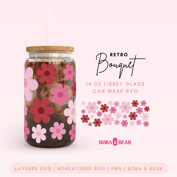 Retro Daisy Bouquet Libbey Glass Designs, Bouquet Svg, Retro Daisy Svg, Glass Can Cutfile, Glass Can Wrap