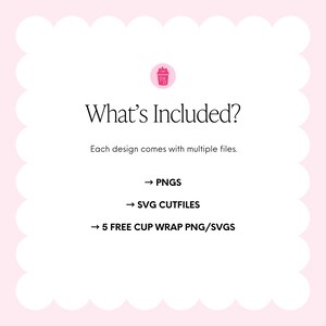 Puede incluir: Un gr&aacute;fico rosa y blanco con el texto "&iquest;Qu&eacute; est&aacute; incluido?" y una lista de tipos de archivos: PNG, archivos de corte SVG y 5 PNG/SVG de envoltura de taza gratis. El dise&ntilde;o est&aacute; sobre un borde festoneado rosa.