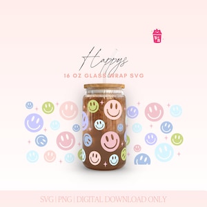 16oz Libbey puede envolver SVG, SVG de moda, cara sonriente svg, groovy svg, vidrio retro puede envolver svg, Libbey puede diseñar cricut, silueta cameo