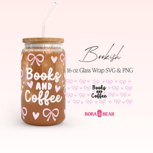 Bookish Glasdosen Cutfile, Bücher und Kaffee Wrap für Libbey 16 Unzen, Buchliebhaber Bierdosen Wrap svg, Leseglas schalen svg