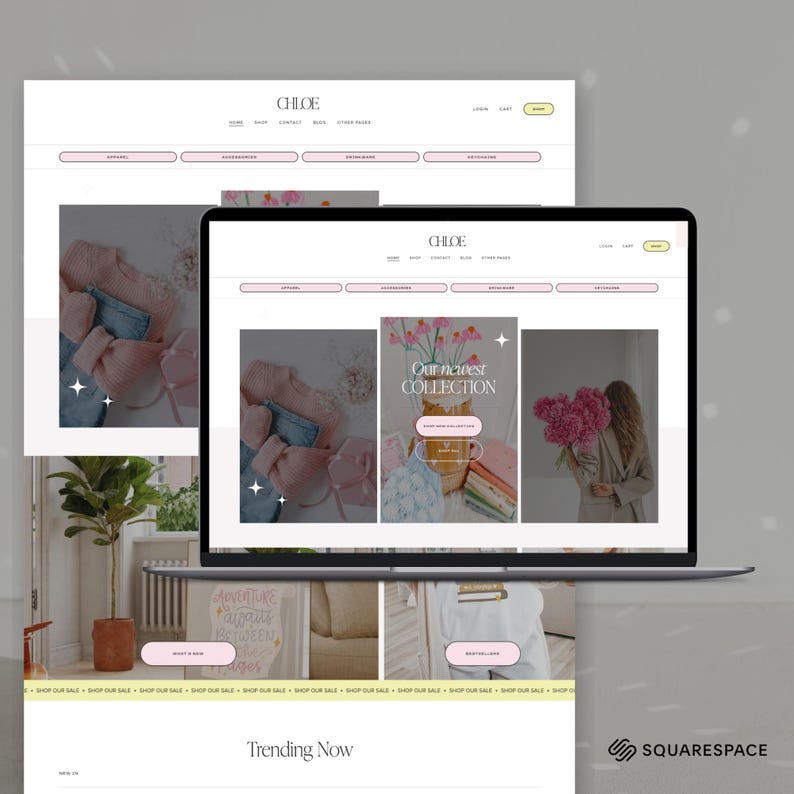 May include: A laptop screen displaying a website for a brand named Chloe. The homepage features a navigation menu, a banner with the text Our newest collection, and images of pink flowers, clothing, and a person holding a bouquet of pink peonies.