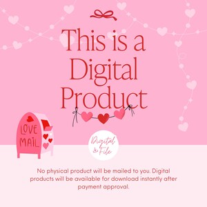 Puede incluir: Gr&aacute;fico de producto digital rosa con el texto "This is a Digital Product". Un buz&oacute;n rosa con "Love Mail" est&aacute; a la izquierda. La imagen tiene un fondo rosa con corazones.
