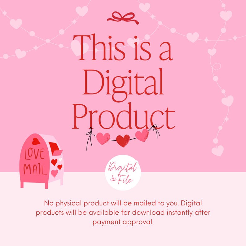 Puede incluir: Gr&aacute;fico de producto digital rosa con el texto "This is a Digital Product". Un buz&oacute;n rosa con "Love Mail" est&aacute; a la izquierda. La imagen tiene un fondo rosa con corazones.