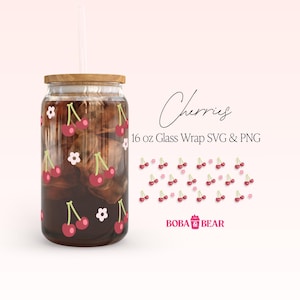 Desenhos de Cherry Libbey Svg, Lata de Vidro Svg, Vidro em Forma de Lata, Lata de Vidro Floral Svg, Cerejas Svg, Envoltório Libbey de 16oz