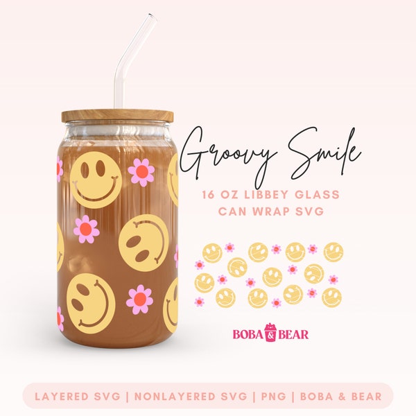 Retro Smiley 16oz Glass Can Wrap, Smiley Face Glass Wrap Svg, Glass Cup Svg, Libbey Glass 16oz Cut File, Happy Face Svg, Coffee Cup Wrap