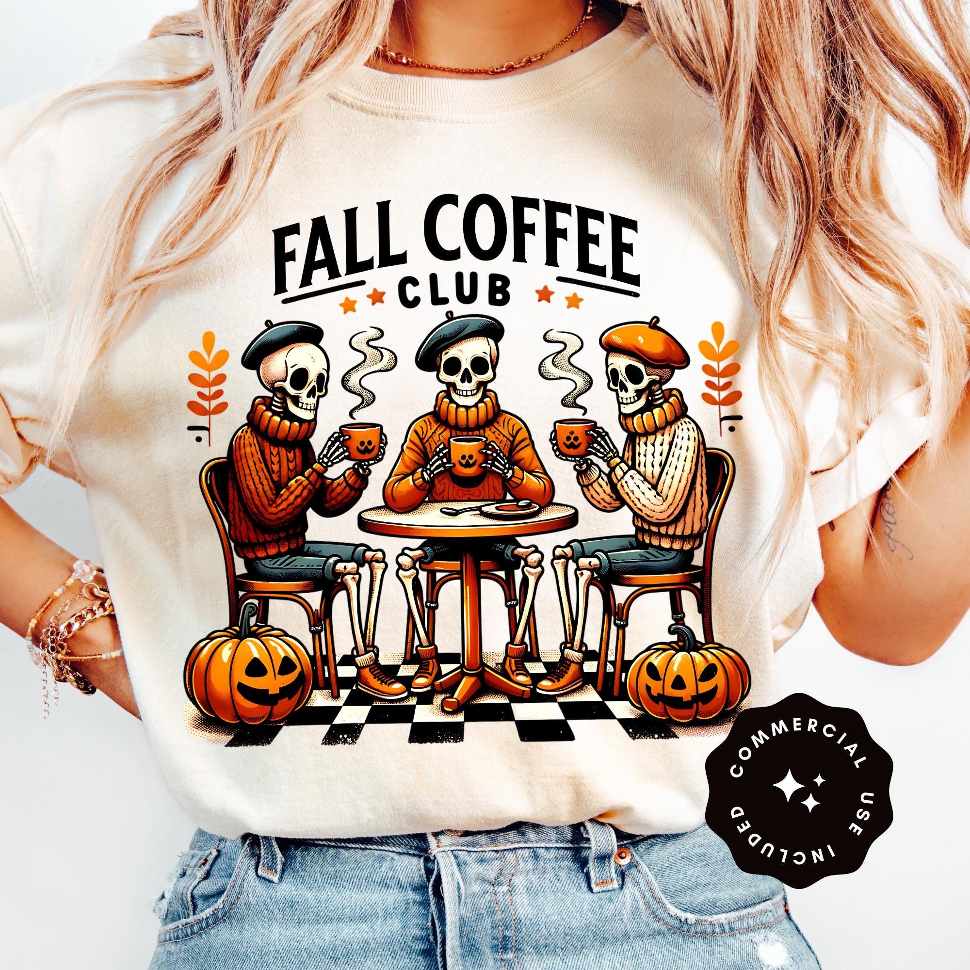 Fall Coffee Club Png, Spooky Season Png Coffee, Retro Halloween Png, Pumpkin Png, Halloween Png, Halloween Shirt Sublimation Design Skeleton