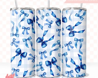 Grandmillenial Bows 20oz Tumbler Sublimation PNG, Trending Tumbler Designs, Checkered Bows 20oz Tumbler PNG Wrap, Blue Bows, Plaid