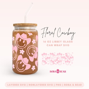 Floral Cowboy Libbey Glasdose Wrap, 16 oz Glasdose svg, Smiley Gesicht svg, Cowboy Smiley Gesicht svg, trendige Western Libbey Wrap, Cowgirl svg