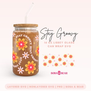 Stay Groovy Libbey Glass Svg, 16oz vidrio puede envolver, retro glass can svg, vintage wrap svg, Libbey Glass 16oz, Groovy Flower Can Glass Svg