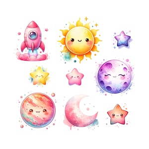 Pastel Space Clipart: Watercolor Astronaut Girl, Rocket PNG (Digital Download)