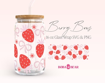Strawberry Bows Glass Can Wrap: Girly 16oz Design (SVG & PNG)