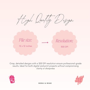 May include: A pink and white graphic design with the text "High Quality Design." It includes information on file size (12 x 12 inches) and resolution (300 DPI). The design is for digital and print projects.