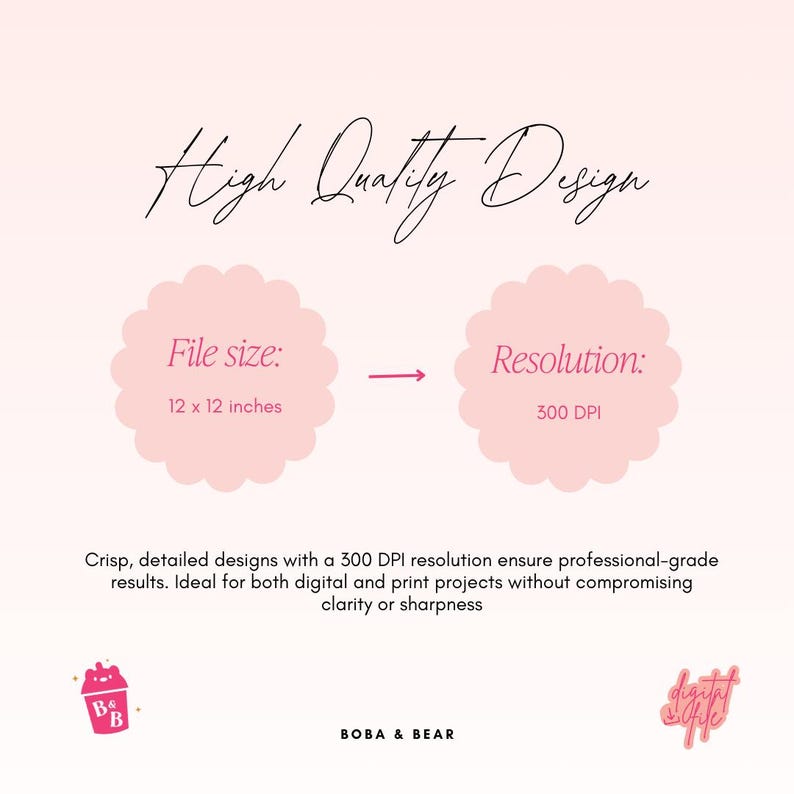 May include: A pink and white graphic design with the text "High Quality Design." It includes information on file size (12 x 12 inches) and resolution (300 DPI). The design is for digital and print projects.