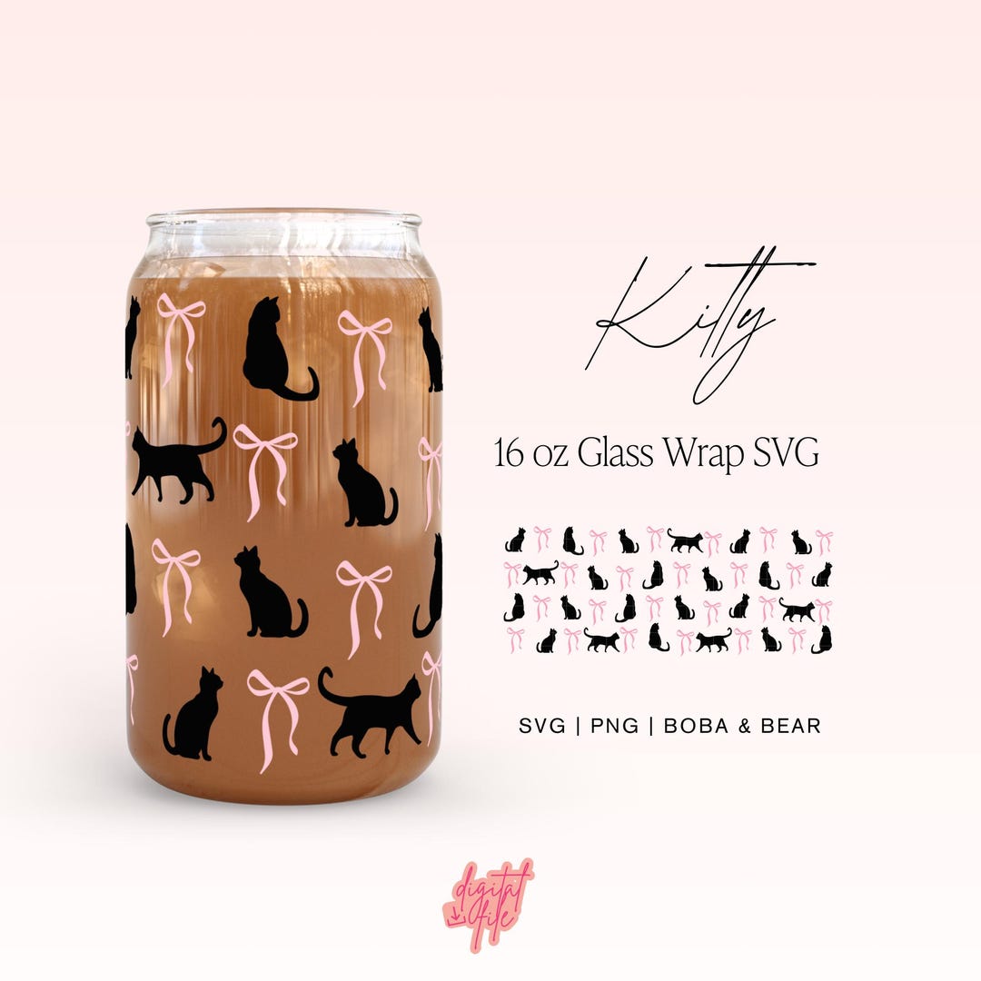 Cute Cat and Bows Can Glass Wrap Svg, Can Glass Full Wrap Libbey 16oz ...
