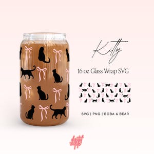 Joli chat et noeuds en verre peuvent s'enrouler en verre Svg, peut en verre entièrement enveloppant Libbey 16 oz, fichier de coupe Cricut Svg, Png, Svg en verre de café chat, dessins mignons UV DTF