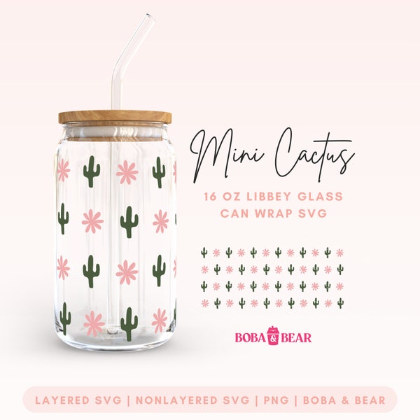 Mini Cactus Libbey Glasses Svg, 16oz Glass Can Wrap, Boho Glass Can Svg, Glass Cup Svg, Libbey Glass 16oz Cut File, Trendy Can Glass Svg