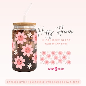 Happy Flower Glass Can Wrap SVG: Smiley Daisy, 16oz Libbey (Digital File)