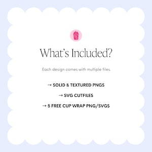 May include: A light blue background with a scalloped border frames the text "What's Included?" and a pink graphic. The text lists included file types: SOLID & TEXTURED PNGS, SVG CUTFILES, and 5 FREE CUP WRAP PNG/SVGS.