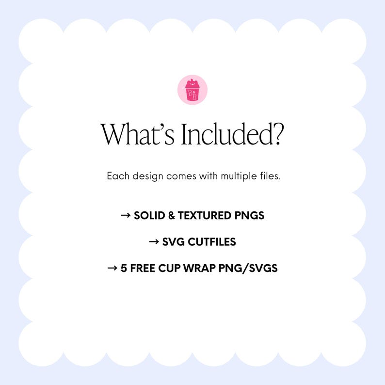 May include: A light blue background with a scalloped border frames the text "What's Included?" and a pink graphic. The text lists included file types: SOLID & TEXTURED PNGS, SVG CUTFILES, and 5 FREE CUP WRAP PNG/SVGS.