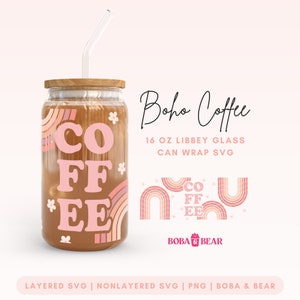 Archivo de corte de lata de vidrio para café, lata de vidrio boho Svg, lindo café helado Svg, Boho Libbey Svg, diseños de vidrio Libbey, vaso de café helado Svg