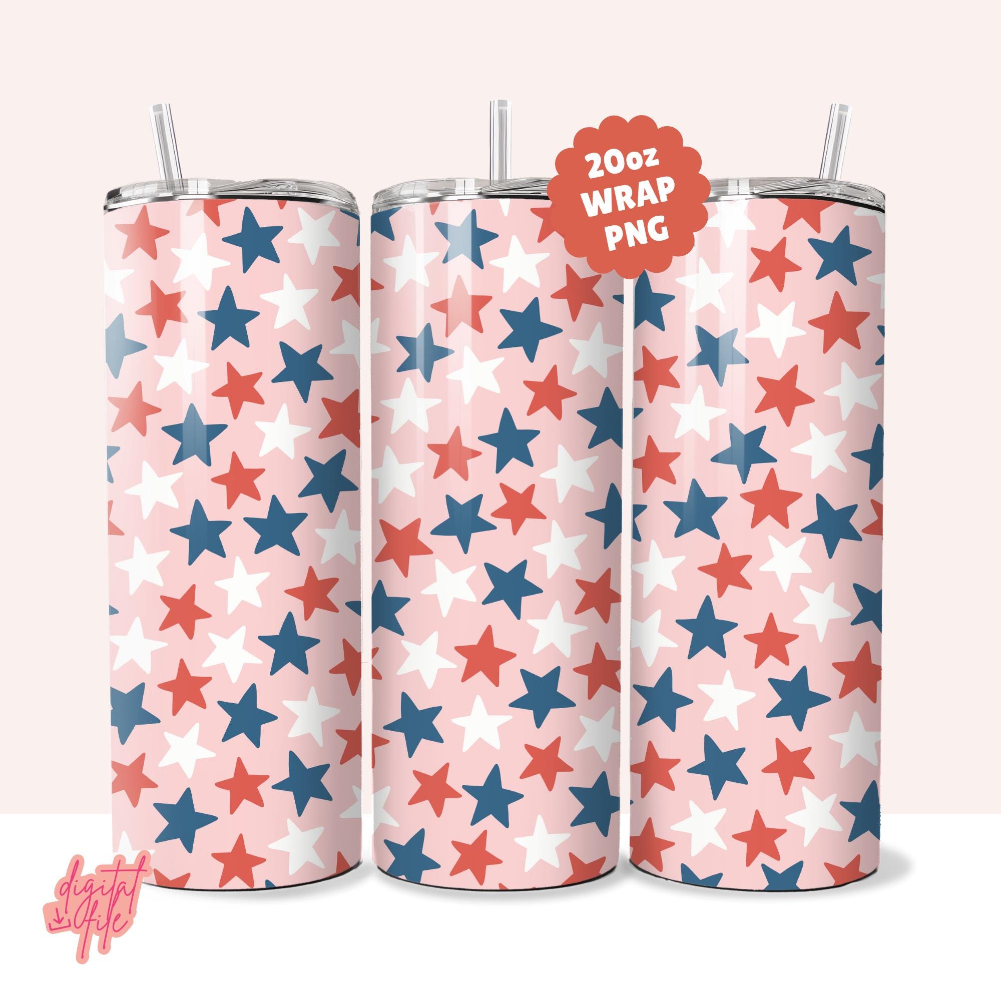 Stars American 20 oz Skinny Tumbler Sublimation PNG, Patriotic Tumbler Wrap, 4th of July Tumbler Png, Digital Download, Pink Red White Blue