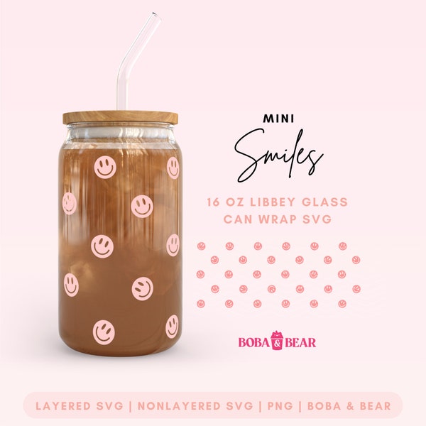 Smiley Libbey Svg, Groovy Libbey Svg, Boba and Bear, Libbey Svg Designs, Glass Cans, Ice Coffee Glass Svg, Svg Glasswrap