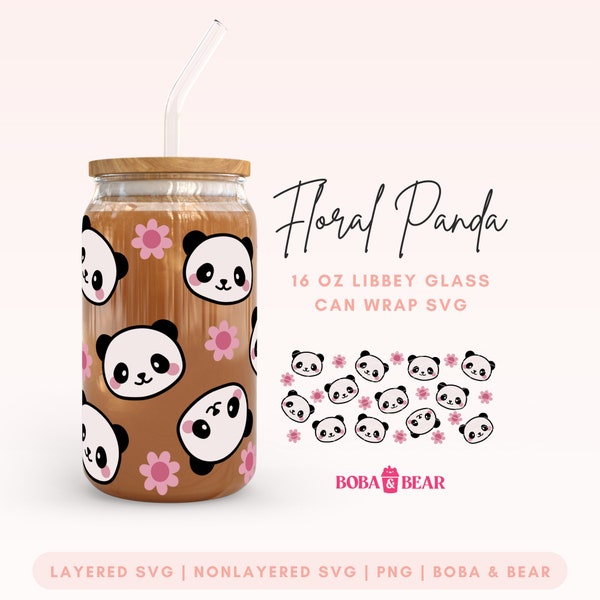 Panda Libbey Glass Svg, 16oz Glass Can Wrap, Retro Flowers Svg, Glass Cup Svg, Libbey Glass 16oz, Kawaii Panda Beer Can Glass Svg