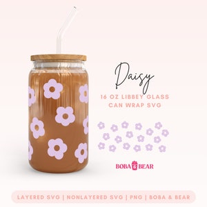 Retro Daisy Svg, Flor Vidrio Lata Svg, 16 oz Vidrio Puede Envolver, Taza de Café Retro Svg, Daisy Libbey Vidrio Svg, Flor Retro Puede Envoltura de Vidrio