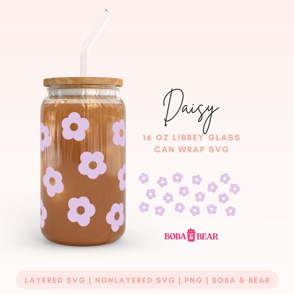 Retro Daisy Svg, Flower Glass Can Svg, 16 oz Glass Can Wrap, Retro Coffee Cup Svg, Daisy Libbey Glass Svg, Retro Flower Can Glass Wrap