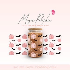 Dynia 16 oz Szklana Puszka Opakowanie, Uroczy Halloween Wrap Svg, Libbey Glass Svg, Dynia Svg, Halloween Bat Svg, Modny Halloween Cup Svg