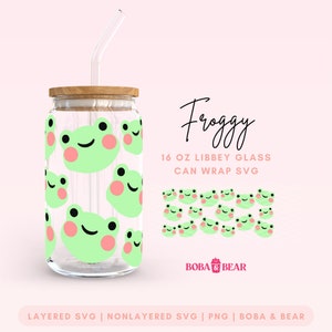 Frosch Libbey Glas svg, 16 Unzen Glasdosenverpackung, Kawaii Glasdosen svg, Glasschalen-Svg, Libbey Glas 16 Unzen-Schnittdatei, trendige Dosenglas-Svg, Frosch-Svg