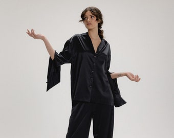 Elegant Black Silk Shirt for Women - Silk Shirt with Lapels, Perfect Lounge and Resort Wear, Versatile Capsule Wardrobe Pajama