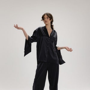 Elegant Black Silk Shirt for Women - Silk Shirt with Lapels, Perfect Lounge and Resort Wear, Versatile Capsule Wardrobe Pajama
