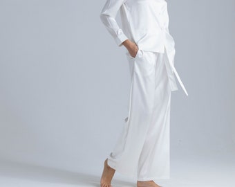 Silk Pants for Women 'Tyche', High Waist White Silk Pajama Pants, Perfect for Lounge, Resort or as PJ pants, Silk Pants with Elastic Waist